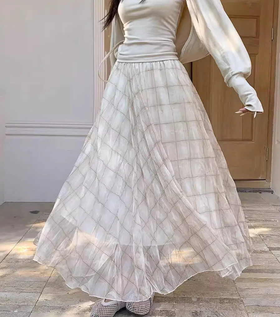 Elegant Breathable Crinkled Plaid Polyester Blend Womens Maxi Skirt