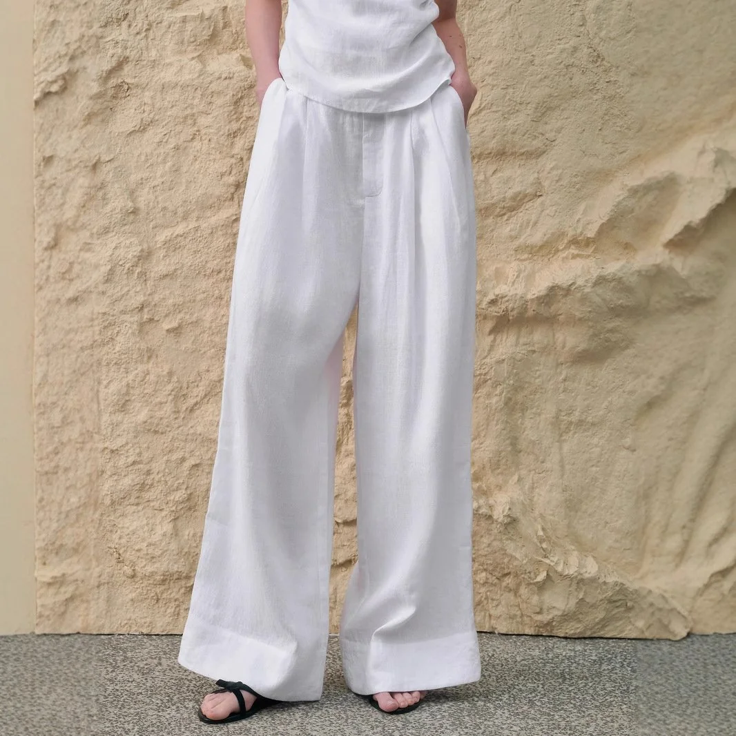 Minimalist Breathable Linen Lyocell Womens Wide Leg Trousers