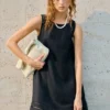 Minimalist Scalloped Edge Linen Blend Womens Sleeveless Midi Dress