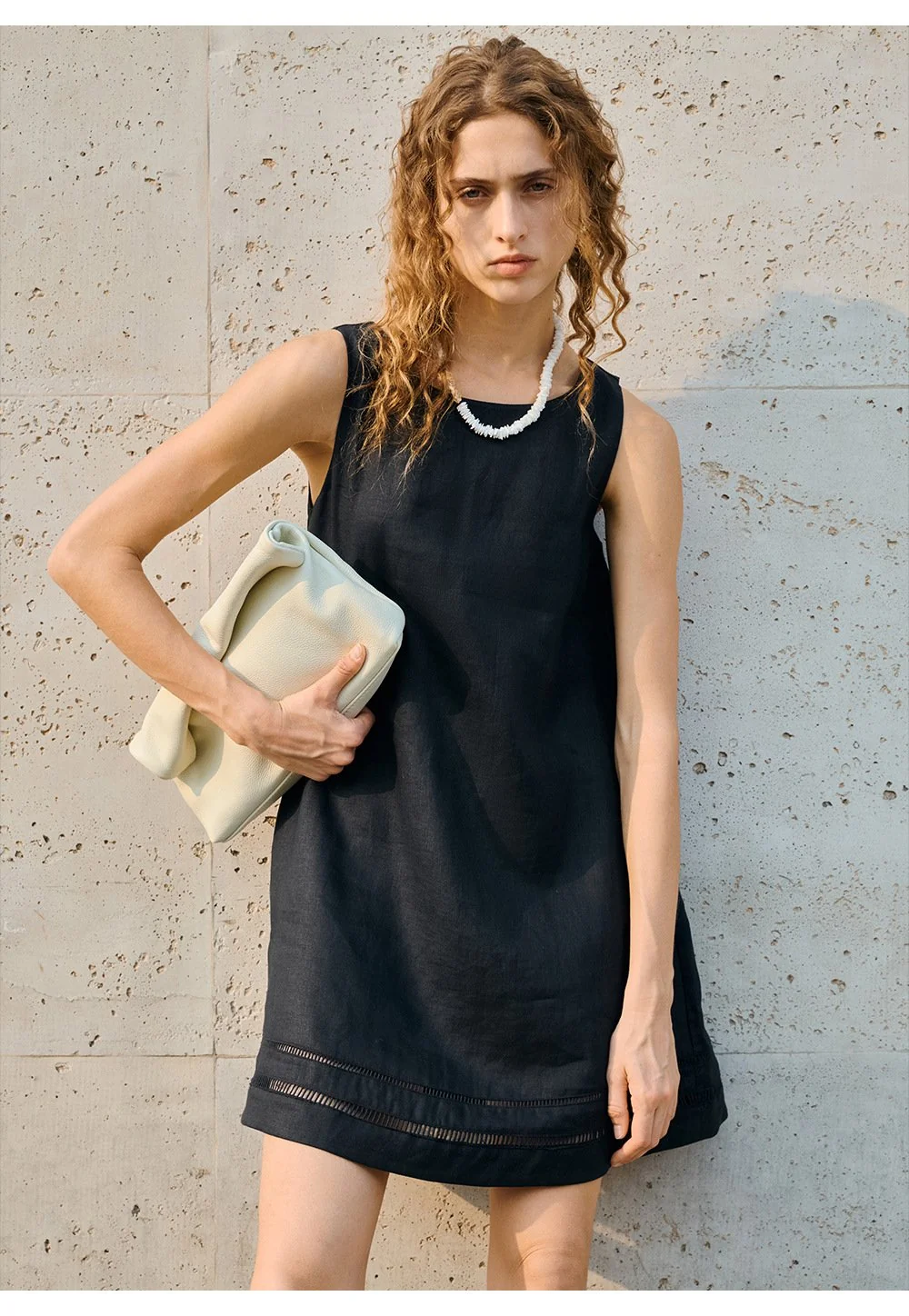 Minimalist Scalloped Edge Linen Blend Womens Sleeveless Midi Dress