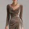 Timeless Ruched Velvet Womens Long Sleeve Bodycon Midi Dress