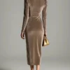 Timeless Ruched Velvet Womens Long Sleeve Bodycon Midi Dress