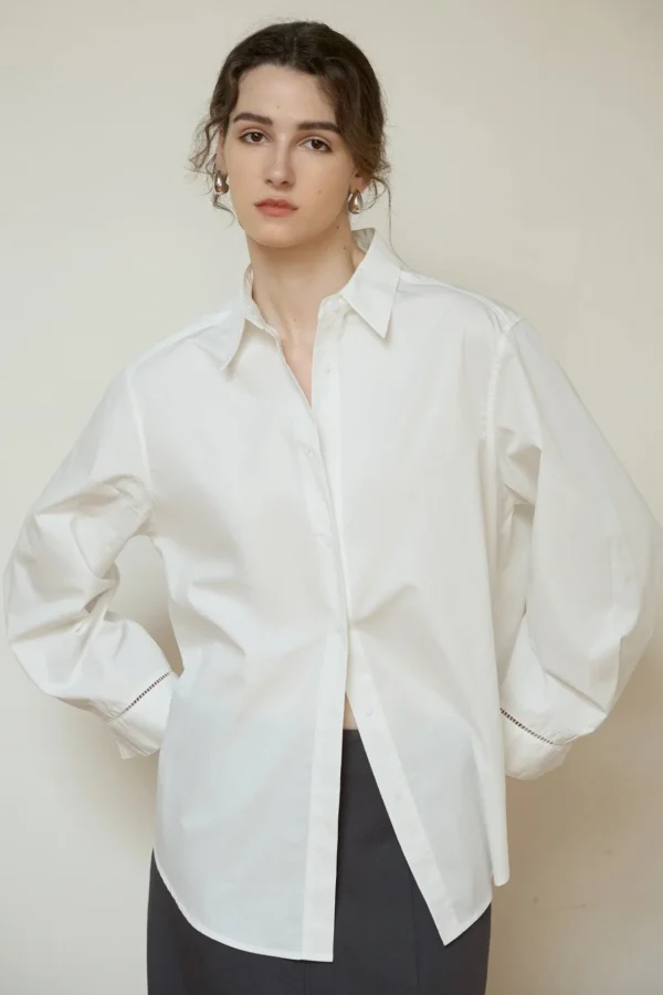 Minimalist Ladder Stitch Cotton Womens Loose Long Sleeve Shirt