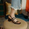 Minimalist Cowhide Womens Square Toe Buckle Block Heel Sandals