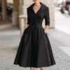 Elegant Timeless Stretch Polyester Womens Lapel High Waist Midi Dress