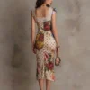 Vintage Lace Trim Ruched Floral Polka Dot Stretchy Womens Midi Dress