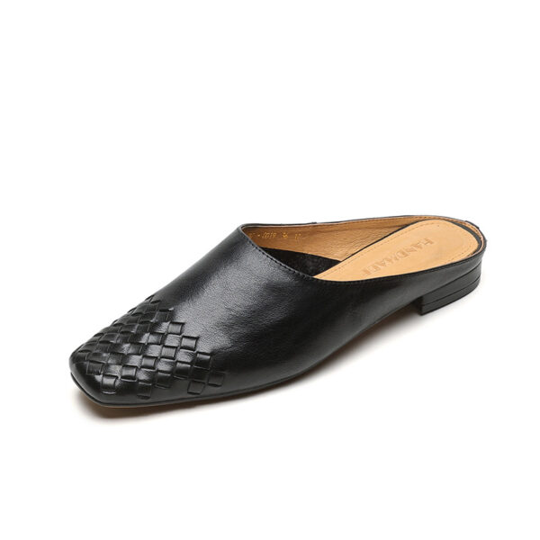 Minimalist Woven Genuine Leather Womens Square Toe Flat Mules