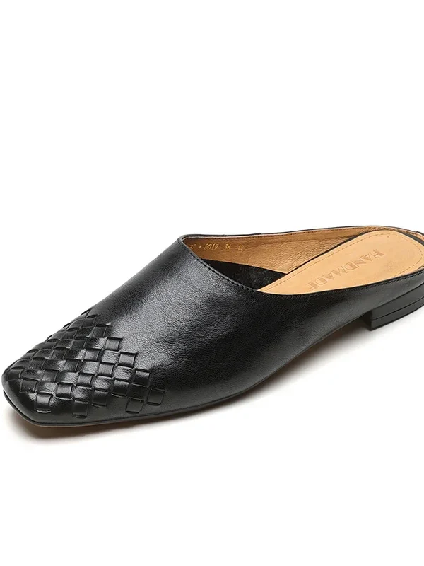 Minimalist Woven Genuine Leather Womens Square Toe Flat Mules