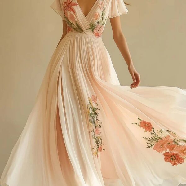 French Riviera 3D Floral Print Breathable Womens V Neck Maxi Dress