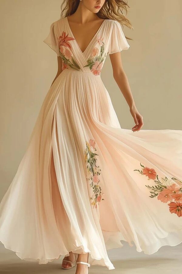 French Riviera 3D Floral Print Breathable Womens V Neck Maxi Dress