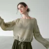 Minimalist Breathable Ramie Sheer Womens Long Sleeve Drawstring Top