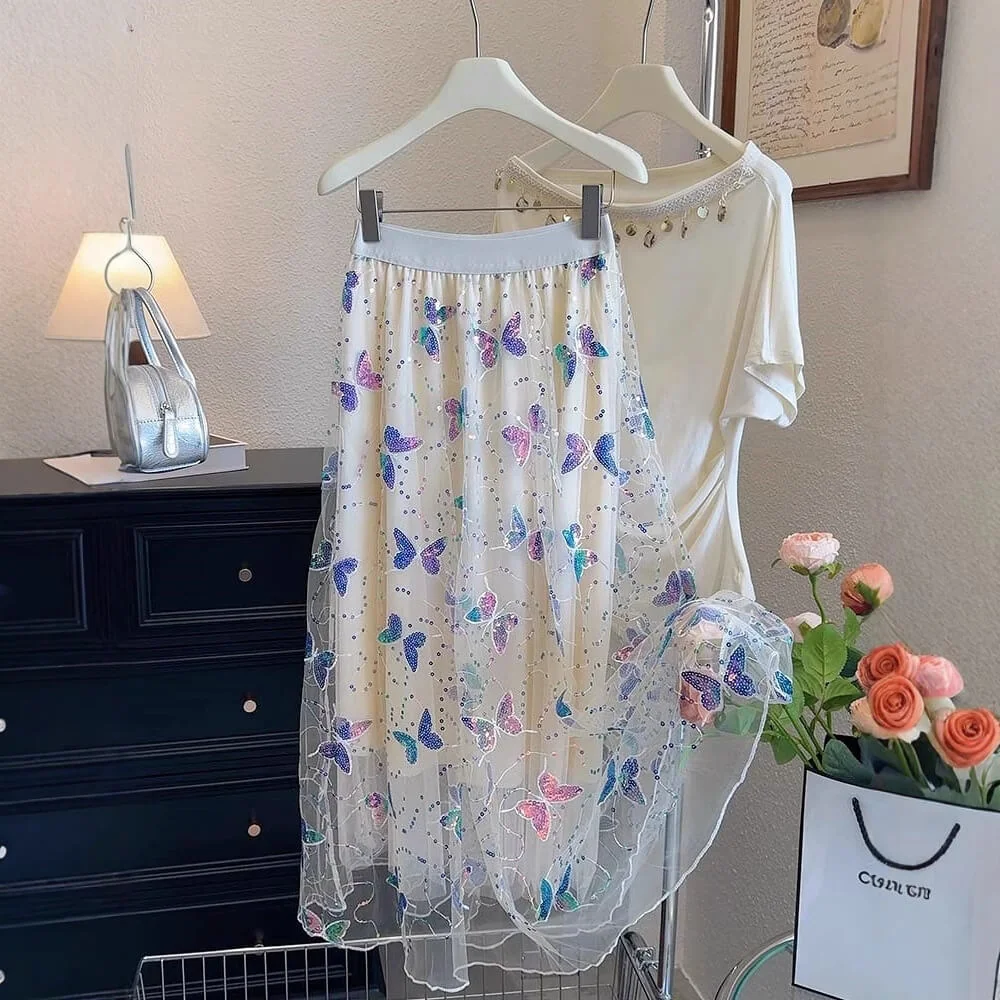 Boho Sequin Embroidered Butterfly Mesh Womens A Line Midi Skirt