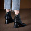 Vintage Top Grain Cowhide Womens Square Toe Block Heel Ankle Boots