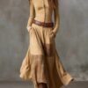 Boho Cotton Blend Spliced Womens High Waist Long Sleeve Maxi Dress