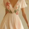 French Riviera 3D Floral Print Breathable Womens V Neck Maxi Dress
