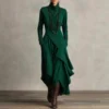 Timeless Stretchy Polyester Womens Turtleneck Irregular Hem Maxi Dress