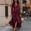 Timeless Stretch Polyester Ruffled Hem Womens V Neck Maxi Dress