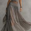 Boho Fringe Lace Shirred Womens Grey Two Piece Maxi Skirt Set