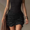 Streetwear Ribbed Ruched Stretchy Polyester Womens Black Mini Dress
