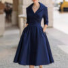 Elegant Timeless Stretch Polyester Womens Lapel High Waist Midi Dress