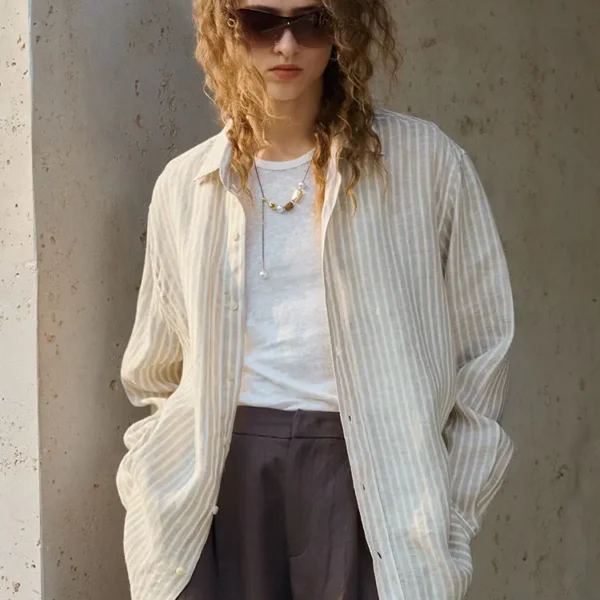 Old Money Striped Breathable Linen Womens Long Sleeve Shirt