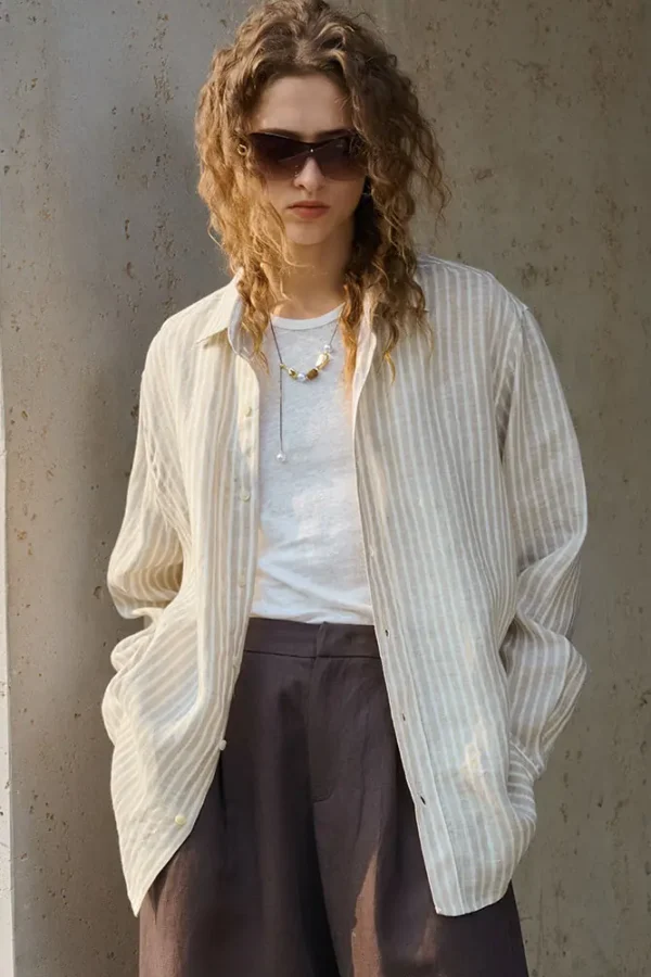 Old Money Striped Breathable Linen Womens Long Sleeve Shirt
