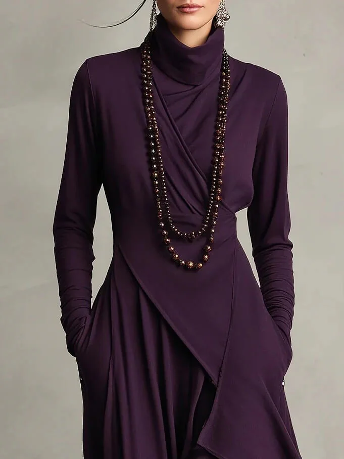 Timeless Stretchy Polyester Womens Turtleneck Irregular Hem Maxi Dress