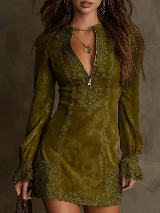Boho Embroidered Lace Stretchy Polyester Womens Long Sleeve Mini Dress