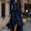Timeless Stretch Polyester Ruffled Hem Womens V Neck Maxi Dress