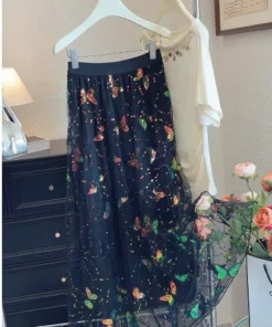 Boho Sequin Embroidered Butterfly Mesh Womens A Line Midi Skirt