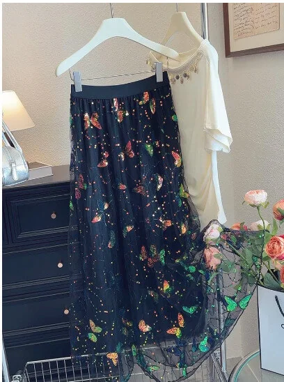 Boho Sequin Embroidered Butterfly Mesh Womens A Line Midi Skirt