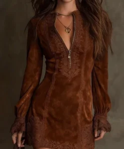 Boho Embroidered Lace Stretchy Polyester Womens Long Sleeve Mini Dress
