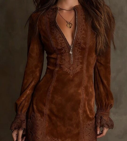 Boho Embroidered Lace Stretchy Polyester Womens Long Sleeve Mini Dress