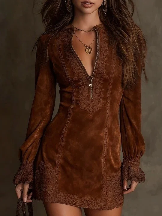 Boho Embroidered Lace Stretchy Polyester Womens Long Sleeve Mini Dress