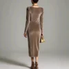 Timeless Ruched Velvet Womens Long Sleeve Bodycon Midi Dress