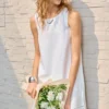 Minimalist Scalloped Edge Linen Blend Womens Sleeveless Midi Dress