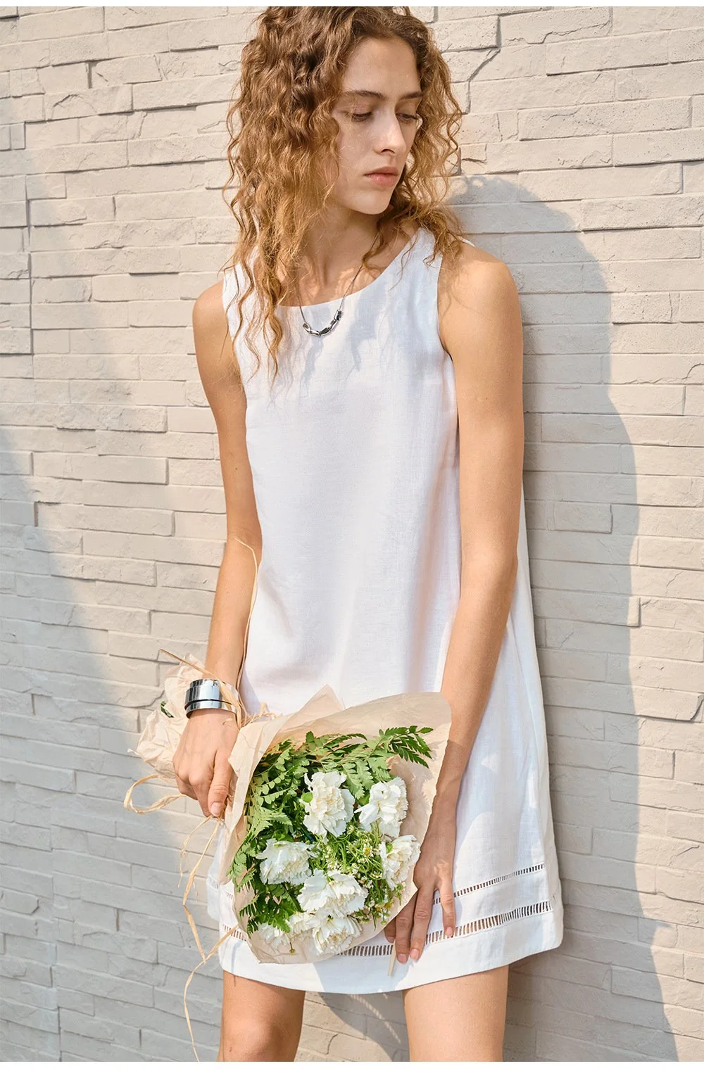 Minimalist Scalloped Edge Linen Blend Womens Sleeveless Midi Dress