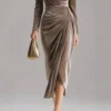 Timeless Ruched Velvet Womens Long Sleeve Bodycon Midi Dress