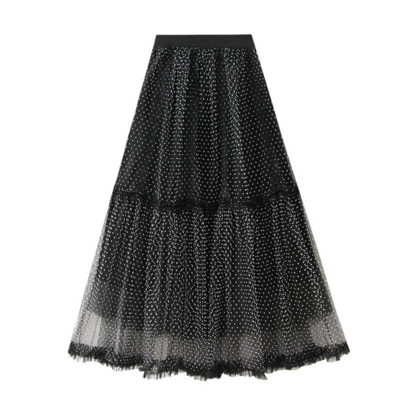 French Riviera Polka Dot Mesh Frilled Womens Tiered Maxi Skirt