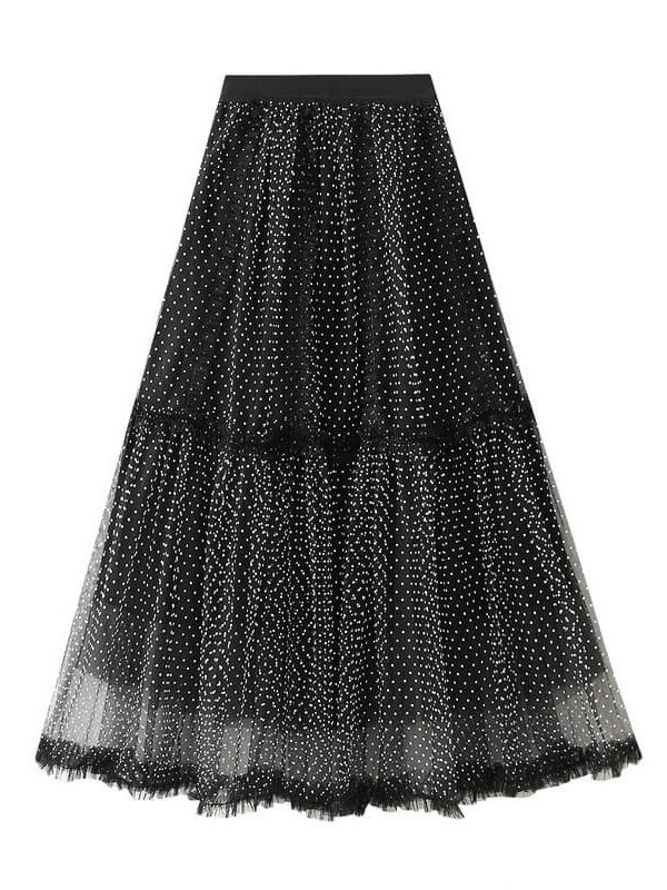 French Riviera Polka Dot Mesh Frilled Womens Tiered Maxi Skirt