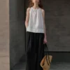 Minimalist Breathable Linen Lyocell Womens Wide Leg Trousers