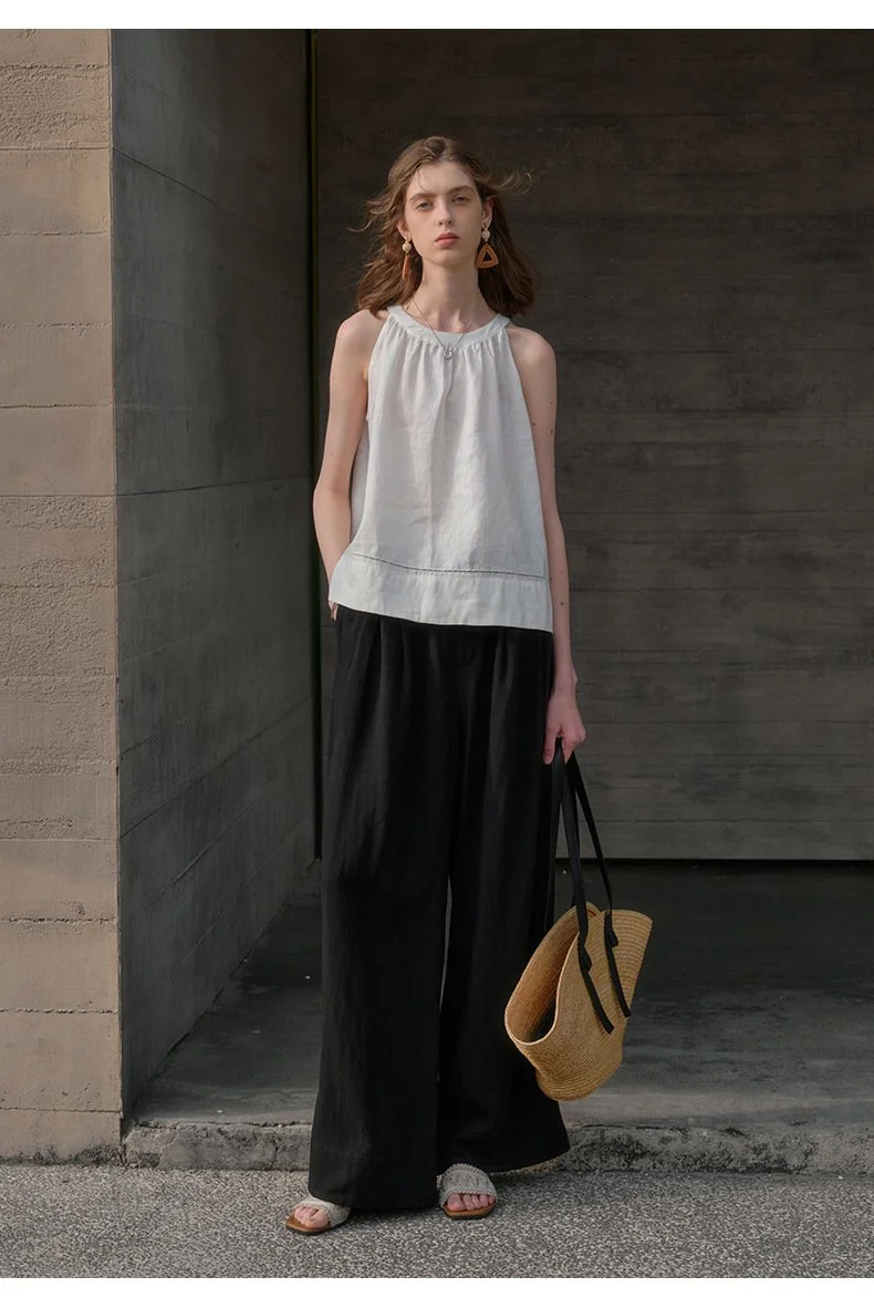 Minimalist Breathable Linen Lyocell Womens Wide Leg Trousers