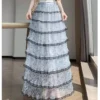French Riviera Ditsy Floral Scalloped Lace Womens Tiered Maxi Skirt