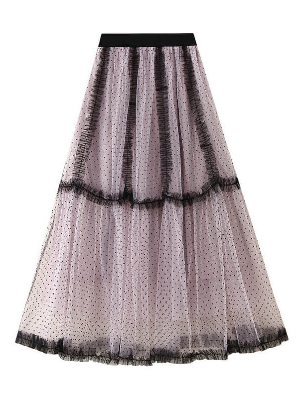 French Riviera Polka Dot Mesh Frilled Womens Tiered Maxi Skirt