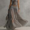 Boho Fringe Lace Shirred Womens Grey Two Piece Maxi Skirt Set