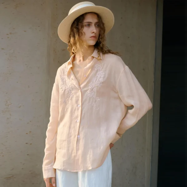 Minimalist Sheer Ramie Lyocell Embroidered Long Sleeve Shirt