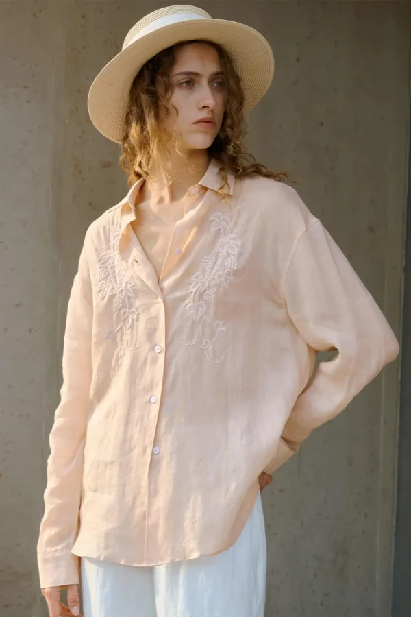 Minimalist Sheer Ramie Lyocell Embroidered Long Sleeve Shirt