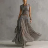 Boho Fringe Lace Shirred Womens Grey Two Piece Maxi Skirt Set