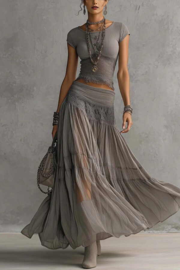 Boho Fringe Lace Shirred Womens Grey Two Piece Maxi Skirt Set