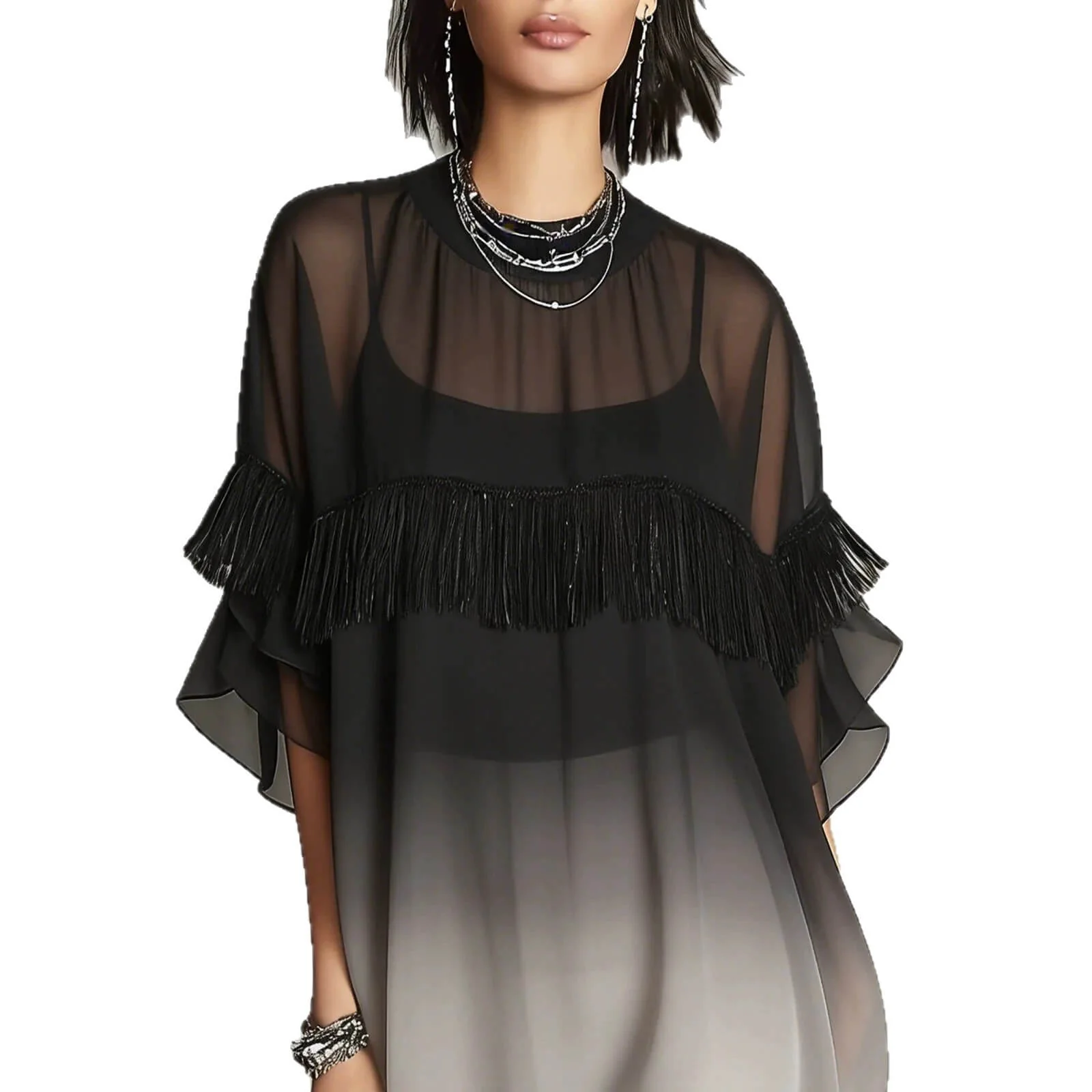 Streetwear Fringed Ombre Sheer Polyester Womens Mini Dress